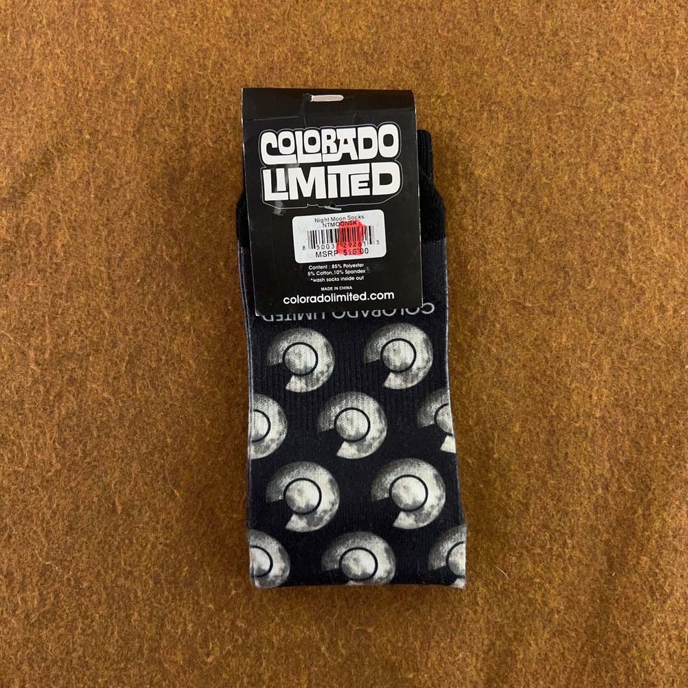 Colorado Limited Unisex OS Black Night Moon Logo Crew Socks NWT